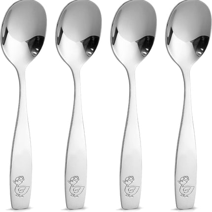 4-Piece Toddler Utensils - Child and Toddler Silverware Set for Self Feeding - Smooth Edged Kids Silverware Stainless Steel, Mirror Polished, Dishwasher Safe (4 Spoons).