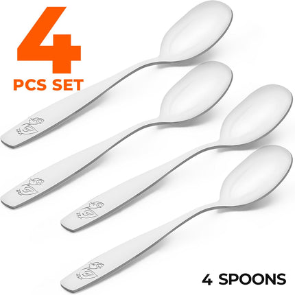 4-Piece Toddler Utensils - Child and Toddler Silverware Set for Self Feeding - Smooth Edged Kids Silverware Stainless Steel, Mirror Polished, Dishwasher Safe (4 Spoons).
