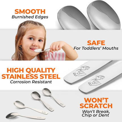 4-Piece Toddler Utensils - Child and Toddler Silverware Set for Self Feeding - Smooth Edged Kids Silverware Stainless Steel, Mirror Polished, Dishwasher Safe (4 Spoons).