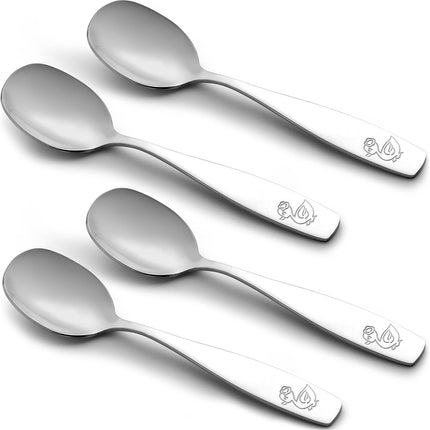 4-Piece Toddler Utensils - Child and Toddler Silverware Set for Self Feeding - Smooth Edged Kids Silverware Stainless Steel, Mirror Polished, Dishwasher Safe (4 Spoons).
