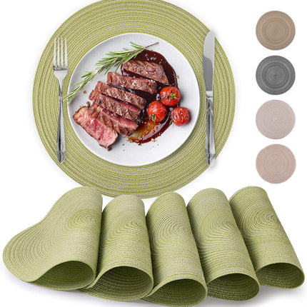 15 Inch Round Placemats for Dining Table Set of 6 - Braided Round Place Mats & Anti-Skid Placemat - Heat Resistant Round Woven Placemats & Table Mats for Dining (Green).