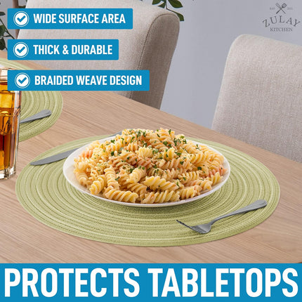 15 Inch Round Placemats for Dining Table Set of 6 - Braided Round Place Mats & Anti-Skid Placemat - Heat Resistant Round Woven Placemats & Table Mats for Dining (Green).