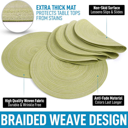 15 Inch Round Placemats for Dining Table Set of 6 - Braided Round Place Mats & Anti-Skid Placemat - Heat Resistant Round Woven Placemats & Table Mats for Dining (Green).