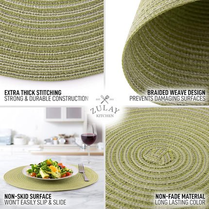 15 Inch Round Placemats for Dining Table Set of 6 - Braided Round Place Mats & Anti-Skid Placemat - Heat Resistant Round Woven Placemats & Table Mats for Dining (Green).