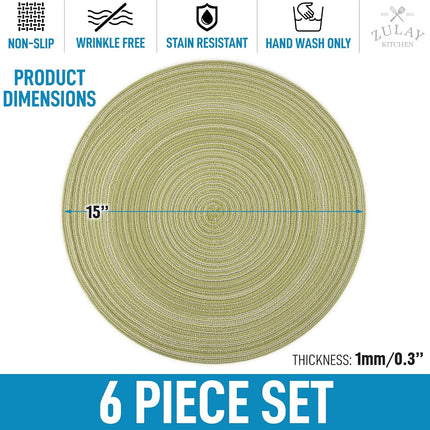 15 Inch Round Placemats for Dining Table Set of 6 - Braided Round Place Mats & Anti-Skid Placemat - Heat Resistant Round Woven Placemats & Table Mats for Dining (Green).