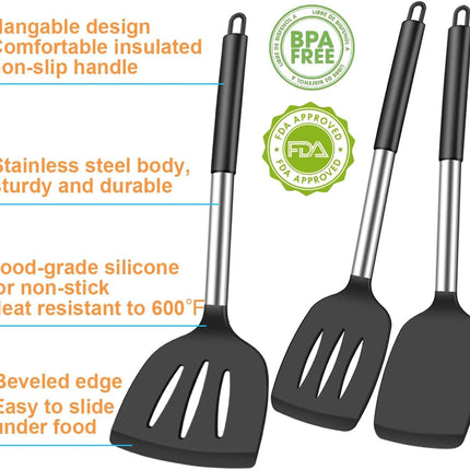 3Pcs Silicone Spatula Set Heat Resistant Spatulas for Nonstick Cookware Fish Turner Plastic Spatulas Rubber Wok Spatula, Long Large Spatula Silicone Cooking Use Kitchen Utensils Set.