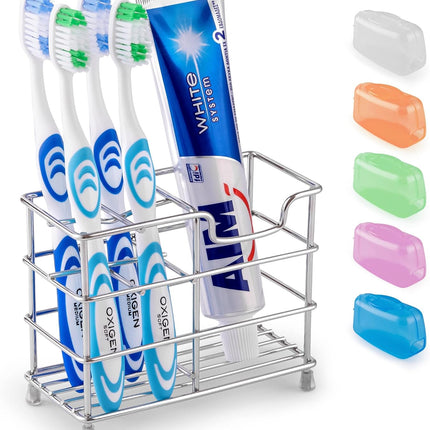 Toothpaste and Toothbrush Holder - Stainless Steel Toothbrush Holders for Bathrooms - Small Toothbrush Stand Organizer with 5 Colorful Toothbrush Cases Included.