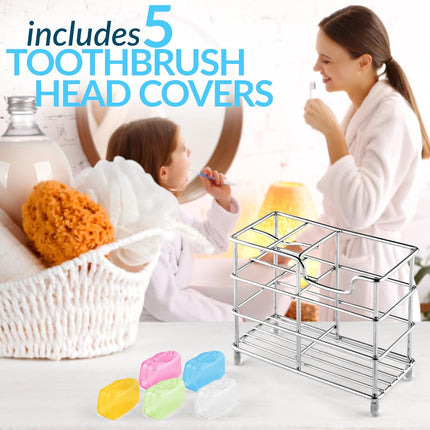 Toothpaste and Toothbrush Holder - Stainless Steel Toothbrush Holders for Bathrooms - Small Toothbrush Stand Organizer with 5 Colorful Toothbrush Cases Included.