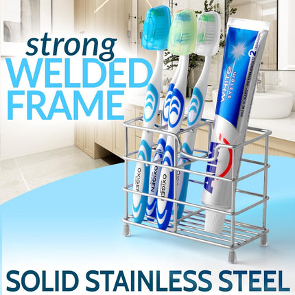 Toothpaste and Toothbrush Holder - Stainless Steel Toothbrush Holders for Bathrooms - Small Toothbrush Stand Organizer with 5 Colorful Toothbrush Cases Included.