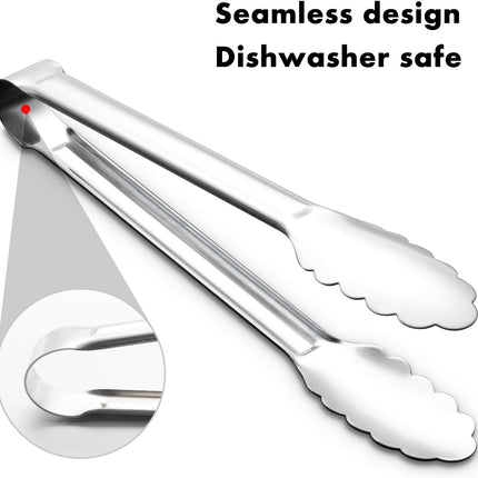 Seamless Tongs for Cooking, One-Piece Design, Durable Heat Resistant Stainless Steel Tongs for Kitchen, Grill, BBQ, Salad, Dishwasher Safe, Metal Tongs Set (12" & 9").
