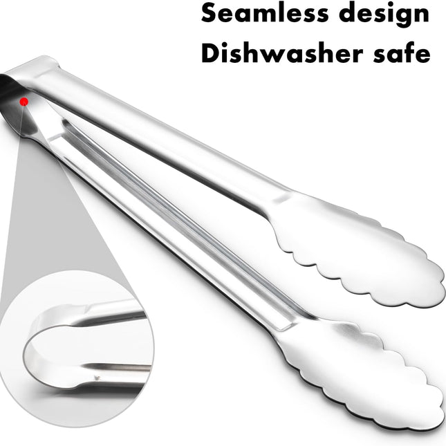 Seamless Tongs for Cooking, One-Piece Design, Durable Heat Resistant Stainless Steel Tongs for Kitchen, Grill, BBQ, Salad, Dishwasher Safe, Metal Tongs Set (12" & 9").