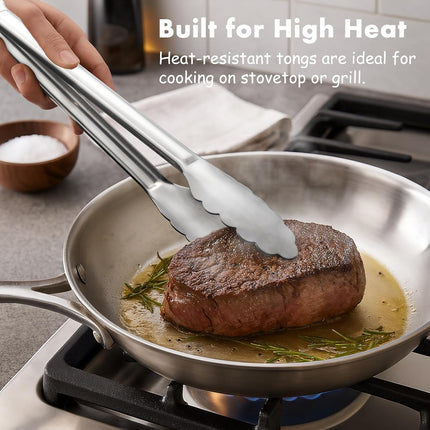 Seamless Tongs for Cooking, One-Piece Design, Durable Heat Resistant Stainless Steel Tongs for Kitchen, Grill, BBQ, Salad, Dishwasher Safe, Metal Tongs Set (12" & 9").