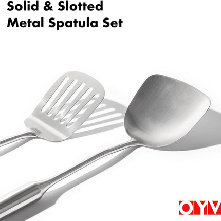 18/10 Stainless Steel Spatula Set - 15" Metal Spatulas for Kitchen Use, 1 Slotted Spatula + 1 Solid Turner, Heat Resistant Metal Cooking Utensils, Dishwasher Safe, Silver.