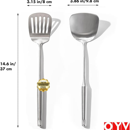 18/10 Stainless Steel Spatula Set - 15" Metal Spatulas for Kitchen Use, 1 Slotted Spatula + 1 Solid Turner, Heat Resistant Metal Cooking Utensils, Dishwasher Safe, Silver.