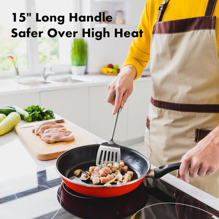 18/10 Stainless Steel Spatula Set - 15" Metal Spatulas for Kitchen Use, 1 Slotted Spatula + 1 Solid Turner, Heat Resistant Metal Cooking Utensils, Dishwasher Safe, Silver.