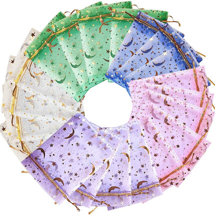 100Pcs Moon Star Organza Jewelry Candy Pouch, Gift Bags Pouches for Wedding Party Valentine's Day (Mixed Color, 3.5 x 4.7 inch).