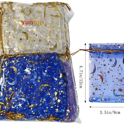 100Pcs Moon Star Organza Jewelry Candy Pouch, Gift Bags Pouches for Wedding Party Valentine's Day (Mixed Color, 3.5 x 4.7 inch).