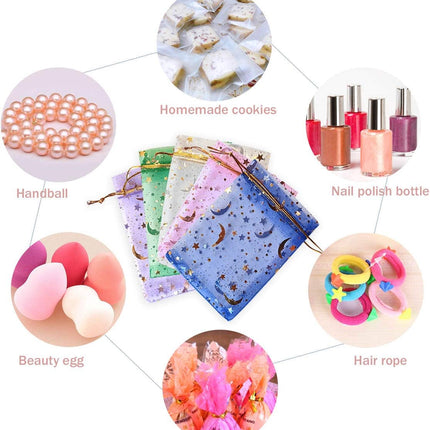 100Pcs Moon Star Organza Jewelry Candy Pouch, Gift Bags Pouches for Wedding Party Valentine's Day (Mixed Color, 3.5 x 4.7 inch).