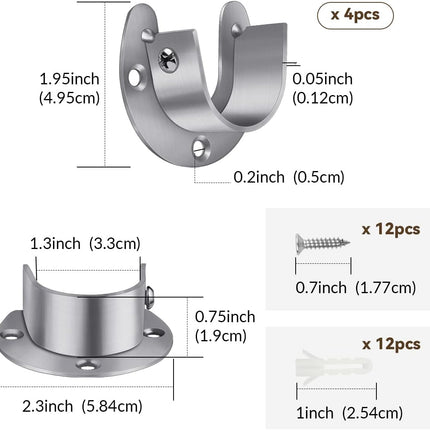 4 Packs Stainless Steel Wardrobe Bracket U-Shaped Rod Socket Flange 1-1/4" Diameter Heavy Duty Closet Rod Brackets End Supports for Closet Rod with Screws (Silver).