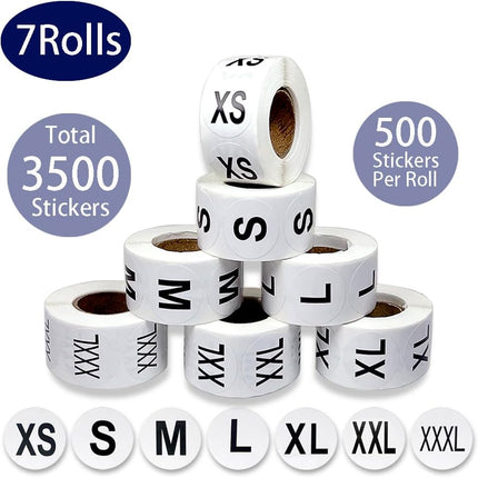 3500 Pcs Clothing Size Stickers, 1 Inch Round Self Adhesive, 7 Sizes XS-S-XXXL for T Shirts (Black).