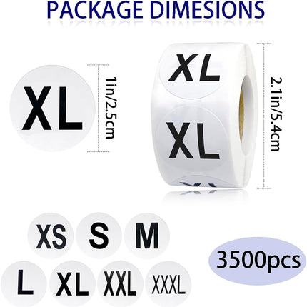 3500 Pcs Clothing Size Stickers, 1 Inch Round Self Adhesive, 7 Sizes XS-S-XXXL for T Shirts (Black).