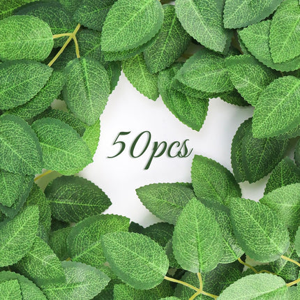50pcs Artificial Green Leaves, Rose Leaves Artificial, Bulk Fake Leaves Greenery Leaves for DIY Wedding Birthday Party Bridal Shower Bouquets Centerpieces Home Decorations.