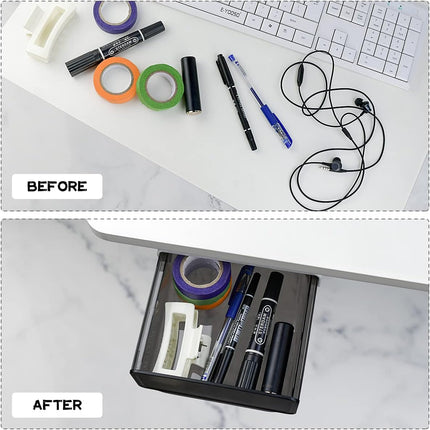 1 Pcs Under Desk Drawer, Under Table Hidden Organizer, Plastic Self-adhesive Slide out Under Desk Storage Drawer for Office Dresser Home School Stationery Kitchen (Black).