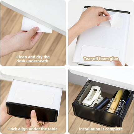 1 Pcs Under Desk Drawer, Under Table Hidden Organizer, Plastic Self-adhesive Slide out Under Desk Storage Drawer for Office Dresser Home School Stationery Kitchen (Black).