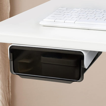 1 Pcs Under Desk Drawer, Under Table Hidden Organizer, Plastic Self-adhesive Slide out Under Desk Storage Drawer for Office Dresser Home School Stationery Kitchen (Black).