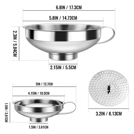 3 Pack Canning Funnel 3-in-1 Stainless Steel Funnel Set Wide Mouth Funnels with Detachable Strainer for transferring Liquid, Powder, jam, Grain, Oil, Spices.
