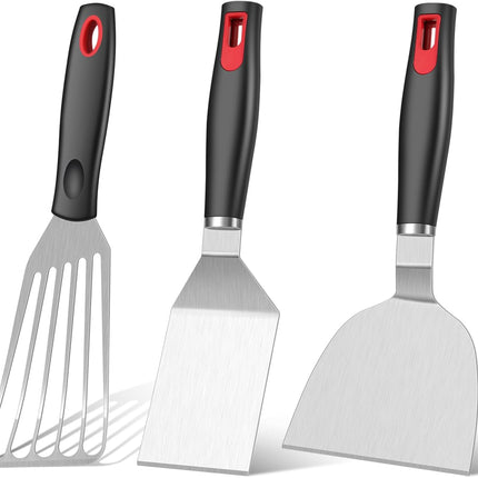 Spatula Set Stainless Steel Kitchen Metal Spatula for Cast Iron Skillet with Silicone Handle, Fish Spatula Turner Flipper for Pancake Burger Egg Cooking Spatulas BBQ Grill Griddle.