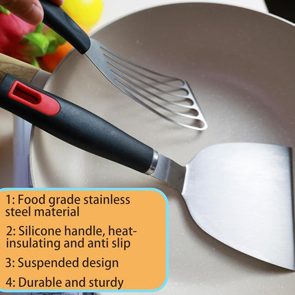 Spatula Set Stainless Steel Kitchen Metal Spatula for Cast Iron Skillet with Silicone Handle, Fish Spatula Turner Flipper for Pancake Burger Egg Cooking Spatulas BBQ Grill Griddle.