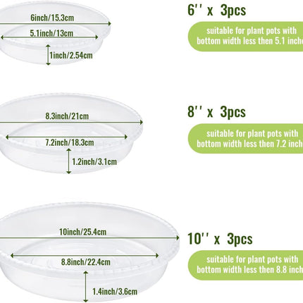 9 Pack Clear Plastic Plant Saucer, Durable Plant Trays Flower Plant Pot Saucer Plant Container Accessories for Indoors & Outdoors, Stop Messes & Stains in Your Garden (6"+8"+10").