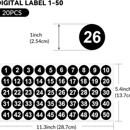 20 Sheets 1 to 50 Vinyl Small Round Labels Consecutive Number Stickers Waterproof Adhesive Inventory Stickers for Storage Box, Indoor Outdoor, Office & School Supplies.