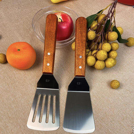 2Pcs Metal Spatulas Set, Metal Spatula for Cast Iron Skillet, Cooking Utensils Fish Egg Grill Spatula Stainless Steel Slotted Spatula, Wok Flat Top Small Metal Spatula Turner with Wood Handle.