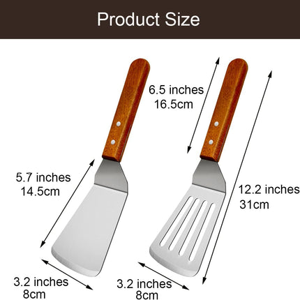 2Pcs Metal Spatulas Set, Metal Spatula for Cast Iron Skillet, Cooking Utensils Fish Egg Grill Spatula Stainless Steel Slotted Spatula, Wok Flat Top Small Metal Spatula Turner with Wood Handle.