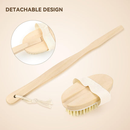 2 Pack Detachable Bath Bristle Brush, Wood Long Handle Dry Brushing Body Brush for Shower.
