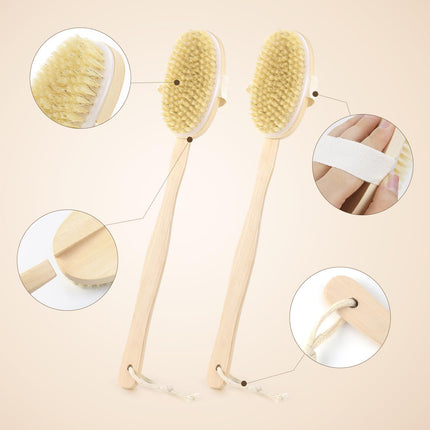 2 Pack Detachable Bath Bristle Brush, Wood Long Handle Dry Brushing Body Brush for Shower.