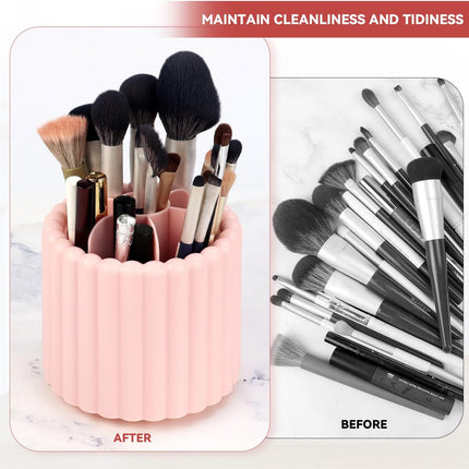1 Pack 360° Rotating Makeup Brush Organizer, 7 Slot Make up Brush Holder for Vanity, Dresser, Desk (Pink).
