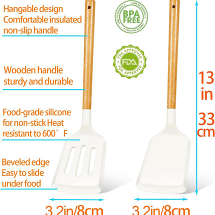 2Pcs Silicone Spatula Set Turner Heat Resistant for Nonstick Cookware Rubber Wok Turner with Wood Handle, Plastic Spatula Silicone for Cooking Use Kitchen Utensils Set White.