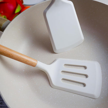 2Pcs Silicone Spatula Set Turner Heat Resistant for Nonstick Cookware Rubber Wok Turner with Wood Handle, Plastic Spatula Silicone for Cooking Use Kitchen Utensils Set White.