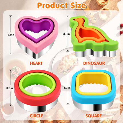 Sandwich Cutter and Sealer Set 4 Pcs Bread Decruster Sandwich Cutter Pancake Maker Heart Square Circle Dinosaur Shape DIY Cookie Cutters Gift for Kids Adult Boys Girls.