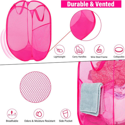 Deluxe Strong Mesh Pop up Laundry Hamper Basket with Side Pocket for Laundry Room, Bathroom, Kids Room, College Dorm or Travel Blush.