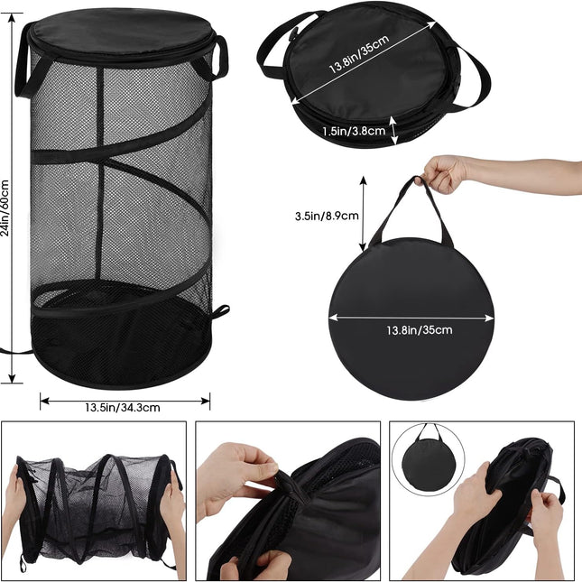 Large Collapsible Laundry Basket with Lid Foldable Mesh Pop Up Hamper with Handles for Laundry Room, Bathroom, Kids Room, College Dorm, Travel, Storage Organizer Black.