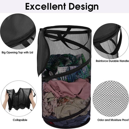 Large Collapsible Laundry Basket with Lid Foldable Mesh Pop Up Hamper with Handles for Laundry Room, Bathroom, Kids Room, College Dorm, Travel, Storage Organizer Black.