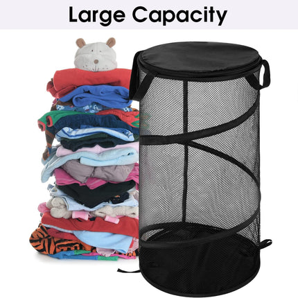 Large Collapsible Laundry Basket with Lid Foldable Mesh Pop Up Hamper with Handles for Laundry Room, Bathroom, Kids Room, College Dorm, Travel, Storage Organizer Black.