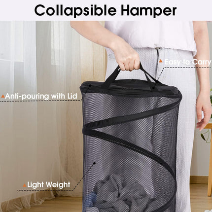 Large Collapsible Laundry Basket with Lid Foldable Mesh Pop Up Hamper with Handles for Laundry Room, Bathroom, Kids Room, College Dorm, Travel, Storage Organizer Black.