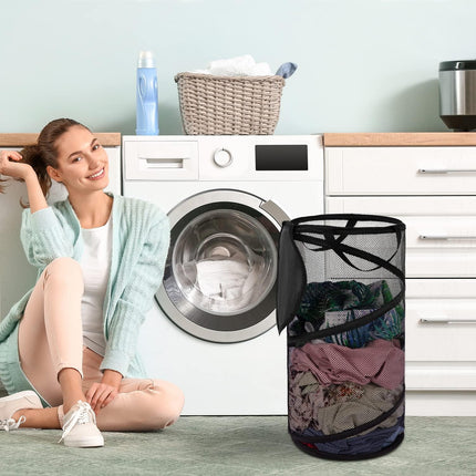 Large Collapsible Laundry Basket with Lid Foldable Mesh Pop Up Hamper with Handles for Laundry Room, Bathroom, Kids Room, College Dorm, Travel, Storage Organizer Black.