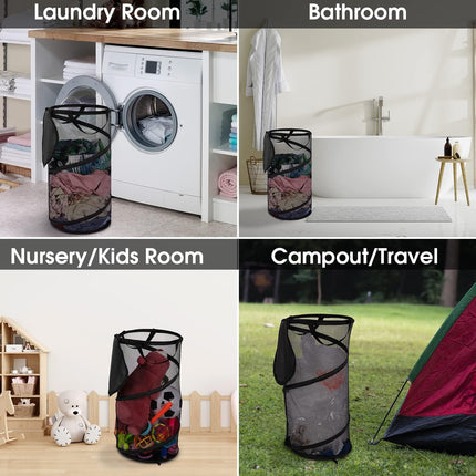Large Collapsible Laundry Basket with Lid Foldable Mesh Pop Up Hamper with Handles for Laundry Room, Bathroom, Kids Room, College Dorm, Travel, Storage Organizer Black.
