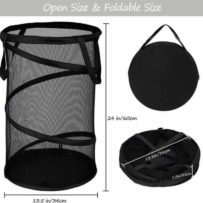 Collapsible Laundry Basket Foldable Mesh Pop Up Hamper with Handles for Laundry Room, Bathroom, Kids Room, College Dorm, Travel, Storage Organizer Black.